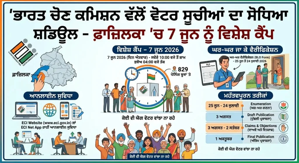 ECI Voter List 2026: ਭਾਰਤ ਚੋਣ ਕਮਿਸ਼ਨ ਵੱਲੋਂ ਵੋਟਰ ਸੂਚੀਆਂ ਦਾ ਸੋਧਿਆ ਸ਼ਡਿਊਲ ਜਾਰੀ, ਫ਼ਾਜ਼ਿਲਕਾ ‘ਚ 7 ਜੂਨ ਨੂੰ ਲੱਗਣਗੇ ਵਿਸ਼ੇਸ਼ ਕੈਂਪ